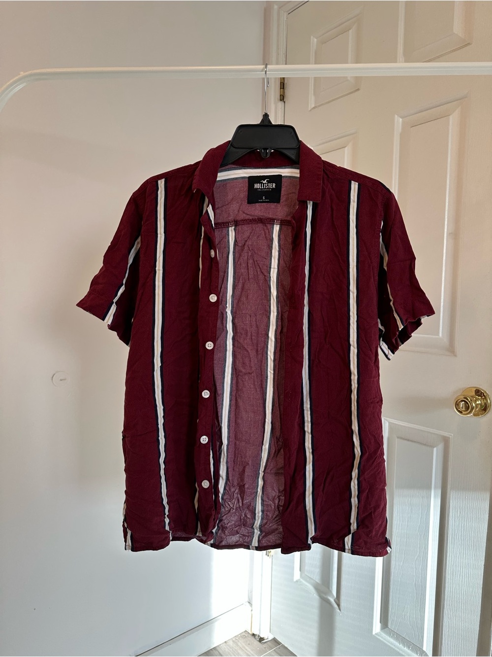 Hollister Burgundy Short Sleeve Striped Button-Up Shirt